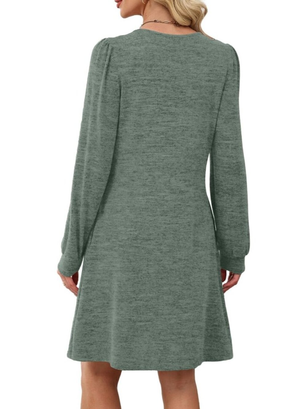 Women's Green Pleated Crew Neck Pockets Fall Baby Doll Sweater Mini Dress - Picture 5 of 5